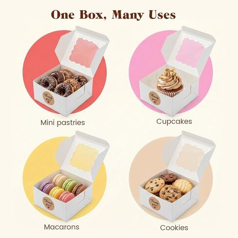 VGOODALL 50PCS White Bakery Boxes, Treat Boxes with Window Cookie Boxes for Small Pie Cupcake Muffins Dessert Donuts Pastry 4"x4"x2.4" in Saudi Arabia
