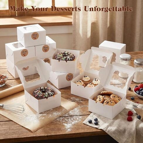 VGOODALL 50PCS White Bakery Boxes, Treat Boxes with Window Cookie Boxes for Small Pie Cupcake Muffins Dessert Donuts Pastry 4"x4"x2.4" in Saudi Arabia