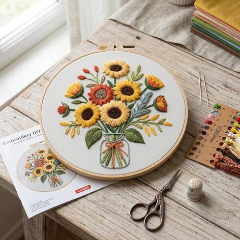 MIJIJHH Embroidery Kits, Embroidery Kits for Beginners, Cross Stitch Kit for Beginners, Sunflower Bouquet Vase Embroidery Kit with Complete Supplies, for Home Decor and Gift Giving in Saudi Arabia