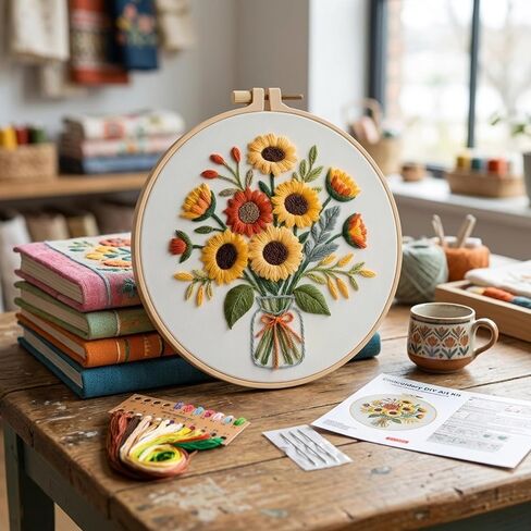 MIJIJHH Embroidery Kits, Embroidery Kits for Beginners, Cross Stitch Kit for Beginners, Sunflower Bouquet Vase Embroidery Kit with Complete Supplies, for Home Decor and Gift Giving in Saudi Arabia