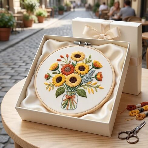 MIJIJHH Embroidery Kits, Embroidery Kits for Beginners, Cross Stitch Kit for Beginners, Sunflower Bouquet Vase Embroidery Kit with Complete Supplies, for Home Decor and Gift Giving in Saudi Arabia