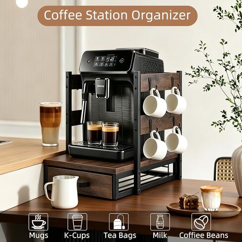 K Cup Holder, 35 Pod Capacity, Coffee Pod Holder Compatible with Keurig, Coffee Station Organizer for Countertop with Cup Rack, Rustic Brown in Saudi Arabia