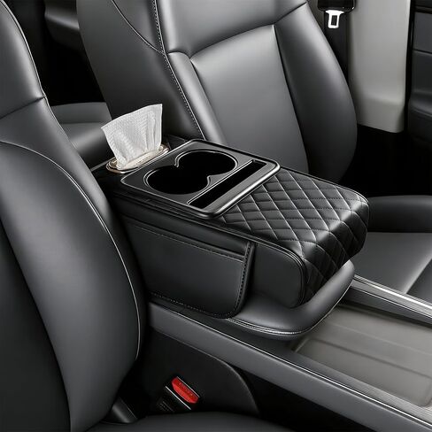 Center Console Cover for Car with Cup Holder and Tissue Box, PU Leather Armrest Storage Box with Phone Pocket, Heightening Car Armrest Cushion for Most SUV, Truck Interior in Saudi Arabia