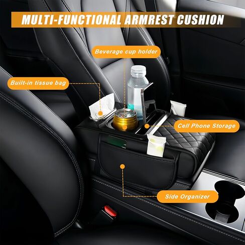 Center Console Cover for Car with Cup Holder and Tissue Box, PU Leather Armrest Storage Box with Phone Pocket, Heightening Car Armrest Cushion for Most SUV, Truck Interior in Saudi Arabia