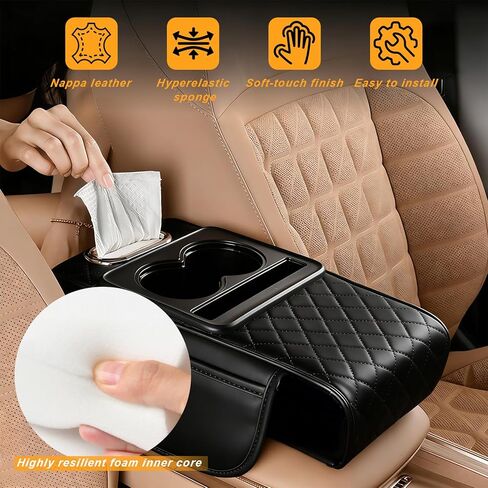 Center Console Cover for Car with Cup Holder and Tissue Box, PU Leather Armrest Storage Box with Phone Pocket, Heightening Car Armrest Cushion for Most SUV, Truck Interior in Saudi Arabia