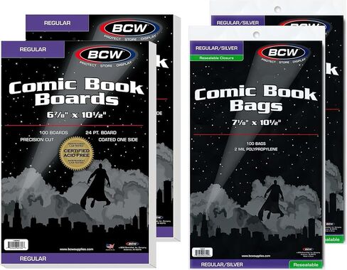 مجموعة حقائب هزلية فضية/عادية قابلة للإغلاق من BCW ومجموعة لوحات دعم هزلية عادية | 100 عدد لكل منها | حل الحماية لهواة جمع القصص المصورة | أكياس وألواح كتب هزلية للتخزين خالية من الأحماض in Kuwait