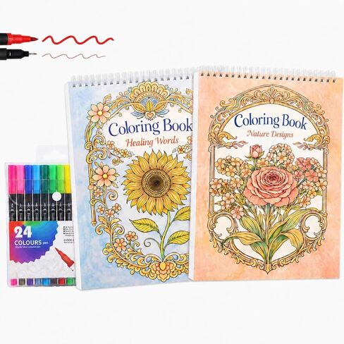 LOTWOW Adult Coloring Book Set of 2, 60 Nature & Healing Words Patterns, 24 Colors Non-Toxic Dual-Tip Brush Markers, Stress Relief Arts and Crafts, Perfect Get Well & Birthday Gifts for Women in Saudi Arabia