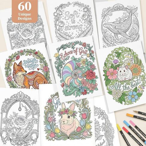 LOTWOW Adult Coloring Book Set of 2, 60 Nature & Healing Words Patterns, 24 Colors Non-Toxic Dual-Tip Brush Markers, Stress Relief Arts and Crafts, Perfect Get Well & Birthday Gifts for Women in Saudi Arabia