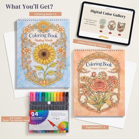 LOTWOW Adult Coloring Book Set of 2, 60 Nature & Healing Words Patterns, 24 Colors Non-Toxic Dual-Tip Brush Markers, Stress Relief Arts and Crafts, Perfect Get Well & Birthday Gifts for Women in Saudi Arabia