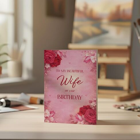 Birthday Card for Wife – Romantic Floral A5 Greeting Card with Printed Verse – Premium UK Made Design in Saudi Arabia