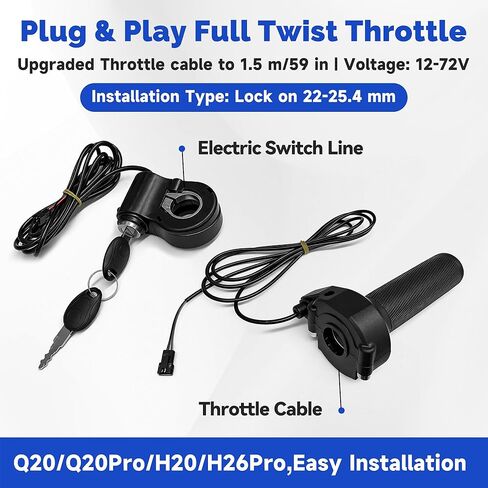 Full Twist Throttle for Ridstar Q20/Q20 Pro, 3-Pin Plug and Play Throttle Grip with Key Ignition Switch, Waterproof Right Handlebar Accelerator with 2 Keys for Electric Bike in Kuwait