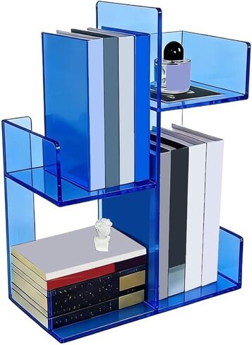 Bookshelf Desk Top Organizer Bookshelf, Home Office Blue Transparent Acrylic Storage Shelf for Living Room Home Office in Saudi Arabia