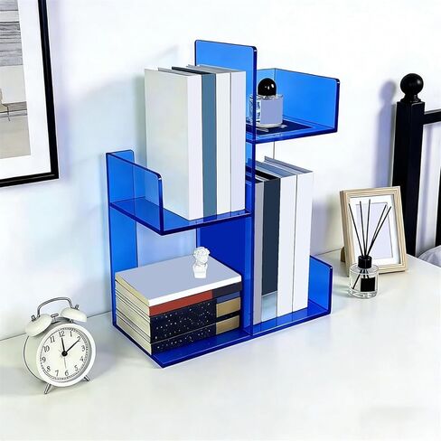 Bookshelf Desk Top Organizer Bookshelf, Home Office Blue Transparent Acrylic Storage Shelf for Living Room Home Office in Saudi Arabia