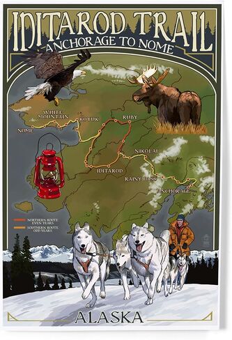 لوحة فنية جدارية من Lantern Press Iditarod Trail Alaska مقاس 8 × 12 - ملصق خريطة الطريق التاريخي إلى Nome - عمل فني على الطراز العتيق في ألاسكا - ديكور على شكل زلاجة للكلاب - صنع في الولايات المتحدة الأمريكية in Kuwait