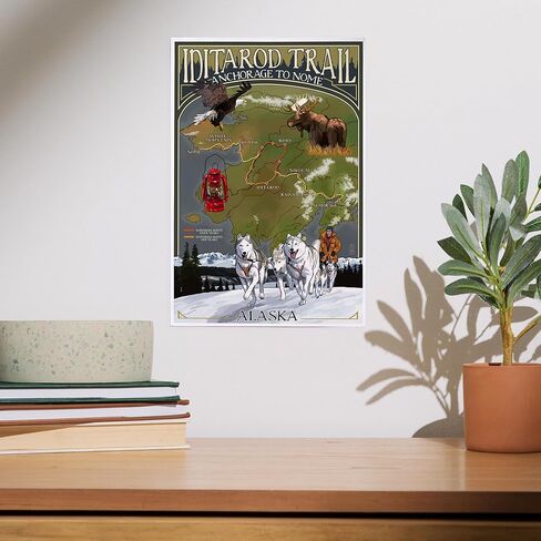 لوحة فنية جدارية من Lantern Press Iditarod Trail Alaska مقاس 8 × 12 - ملصق خريطة الطريق التاريخي إلى Nome - عمل فني على الطراز العتيق في ألاسكا - ديكور على شكل زلاجة للكلاب - صنع في الولايات المتحدة الأمريكية in Kuwait