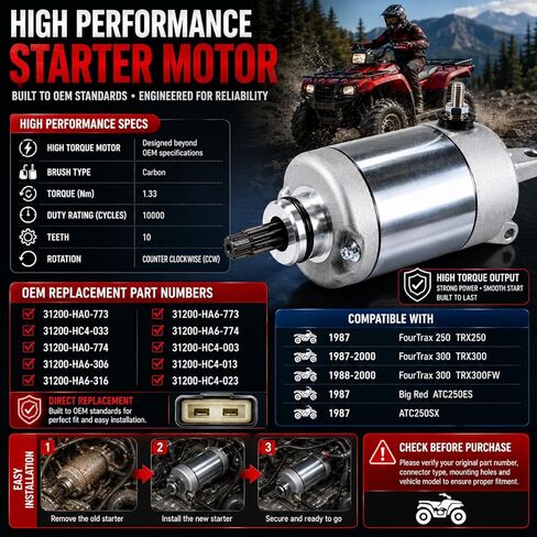 Starter Motor Compatible with Honda 1987-2000 FourTrax 300 TRX300 1987 Big Red ATC250ES 1987 ATC250SX 10-Tooth 31200-HA0-773 in Kuwait