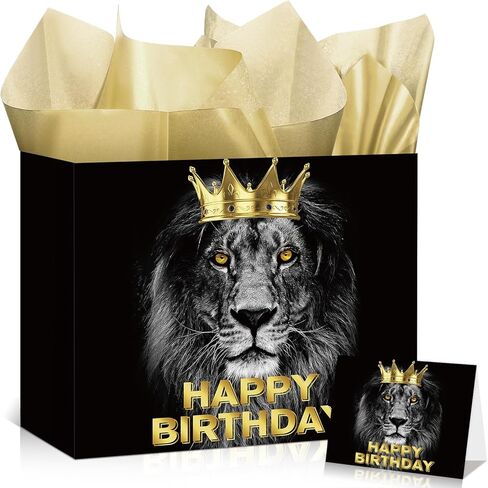 Black Gold Gift Bag for Men Boys, Large Lion Theme Happy Birthday Gift Bag with Wrapping Paper and Card Funny Man Birthday Gifts for Son, Dad, Mom, Husband, Grandpa, 40th 50th 60th 70th 80th 90th Gifts in Kuwait