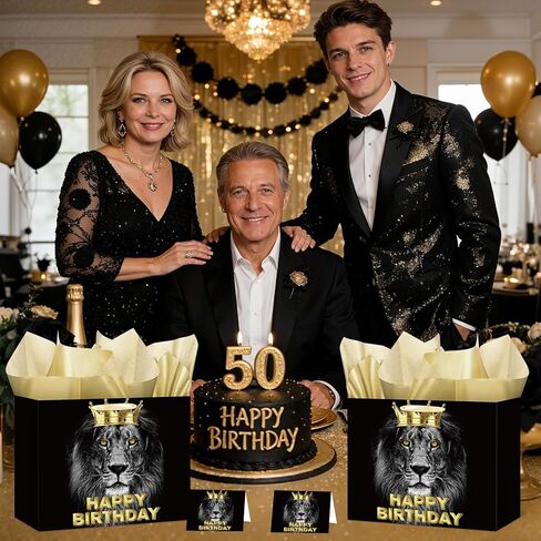 Black Gold Gift Bag for Men Boys, Large Lion Theme Happy Birthday Gift Bag with Wrapping Paper and Card Funny Man Birthday Gifts for Son, Dad, Mom, Husband, Grandpa, 40th 50th 60th 70th 80th 90th Gifts in Kuwait
