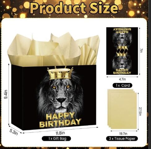 Black Gold Gift Bag for Men Boys, Large Lion Theme Happy Birthday Gift Bag with Wrapping Paper and Card Funny Man Birthday Gifts for Son, Dad, Mom, Husband, Grandpa, 40th 50th 60th 70th 80th 90th Gifts in Kuwait