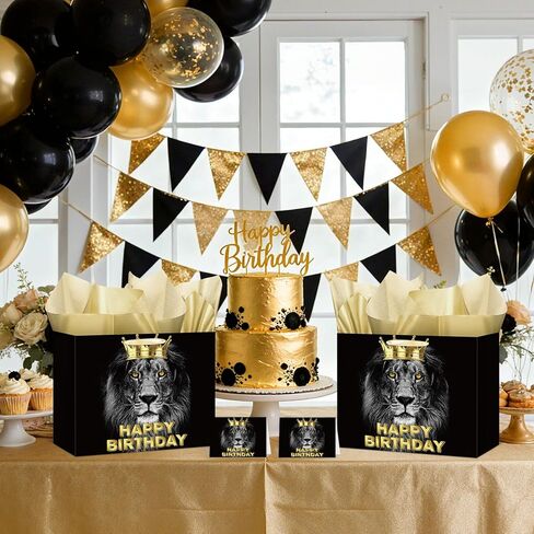 Black Gold Gift Bag for Men Boys, Large Lion Theme Happy Birthday Gift Bag with Wrapping Paper and Card Funny Man Birthday Gifts for Son, Dad, Mom, Husband, Grandpa, 40th 50th 60th 70th 80th 90th Gifts in Kuwait