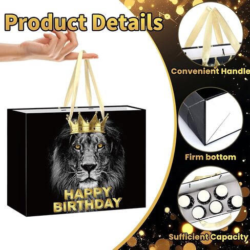 Black Gold Gift Bag for Men Boys, Large Lion Theme Happy Birthday Gift Bag with Wrapping Paper and Card Funny Man Birthday Gifts for Son, Dad, Mom, Husband, Grandpa, 40th 50th 60th 70th 80th 90th Gifts in Kuwait
