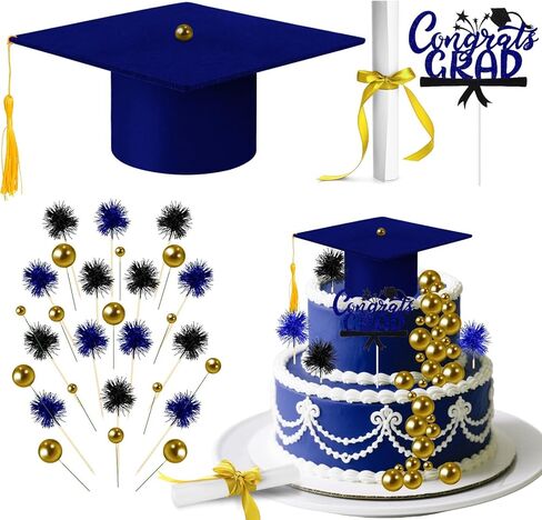 32PCS Graduation Cake Decorations Kit for Class of 2026 Includes Felt Tassel Caps, Firework Cupcake Toppers, Diploma and Balls, Black Theme Party Supplies for High School,College Celebrations (Black) in Kuwait