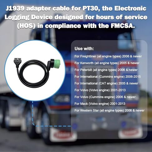 J1939 9 Pin Green to 10 Pin Adapter Cable for PT30 ELD Devices - Heavy Duty Truck Diagnostic Connector for Freightliner Kenworth Peterbilt Westernstar Volvo, SAE J1939 Type 2 ELD Cable in Saudi Arabia