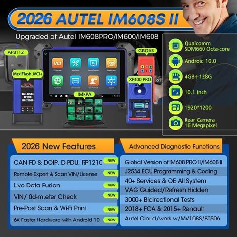 الماسح الضوئي Autel MaxiIM IM608S II: الإصدار العالمي 2026. من IM608 PRO 2 مع مجموعة كاملة بقيمة 1316 دولارًا، وأداة مسح ثنائية الاتجاه، ووظيفة وحدة التحكم الإلكترونية مثل Elite II Pro، وأكثر من 40 خدمة، واختبارات 3K+، وOE Full Sys، وCANFD DoIP، وOS10، وF in Kuwait