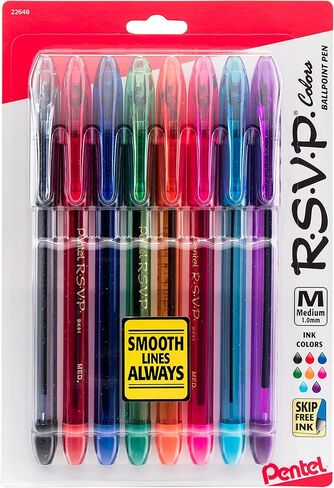Pentel R.S.V.P. Ballpoint Pen, Medium Point, Assorted Ink Colors, 8 Pack (BK91CRBP8M) in Kuwait