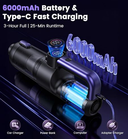 Car Vacuum Portable Cordless, 4-in-1 18000Pa Handheld Vacuum Cordless with LED Light, 120W Brushless Motor, 6000mAh Rechargeable Hand Mini Vacuum with Multi-Nozzles for Car, Home, Office & Pet Hair in Saudi Arabia
