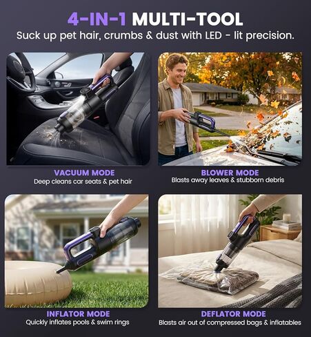 Car Vacuum Portable Cordless, 4-in-1 18000Pa Handheld Vacuum Cordless with LED Light, 120W Brushless Motor, 6000mAh Rechargeable Hand Mini Vacuum with Multi-Nozzles for Car, Home, Office & Pet Hair in Saudi Arabia