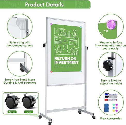 Rolling Whiteboard on Wheels, 32x48 Inches Double-Sided Magnetic Dry Erase Board with Stand, Height Adjustable Mobile White Board Easel for Classroom Home Office in Saudi Arabia