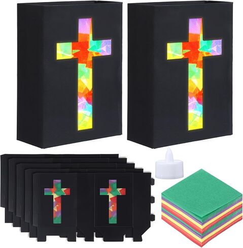 مجموعة Resurhang 16 مجموعة 2026 VBS Cross Lantern Craft Kit DIY موضوع الإضاءة فوانيس ورقية من الزجاج الملون الصناعي مع أضواء شموع LED لعيد الفصح الديني اصنع مجموعة الحرف اليدوية الخاصة بك لعطلة الكنيسة in Kuwait