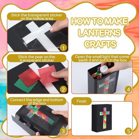 مجموعة Resurhang 16 مجموعة 2026 VBS Cross Lantern Craft Kit DIY موضوع الإضاءة فوانيس ورقية من الزجاج الملون الصناعي مع أضواء شموع LED لعيد الفصح الديني اصنع مجموعة الحرف اليدوية الخاصة بك لعطلة الكنيسة in Kuwait