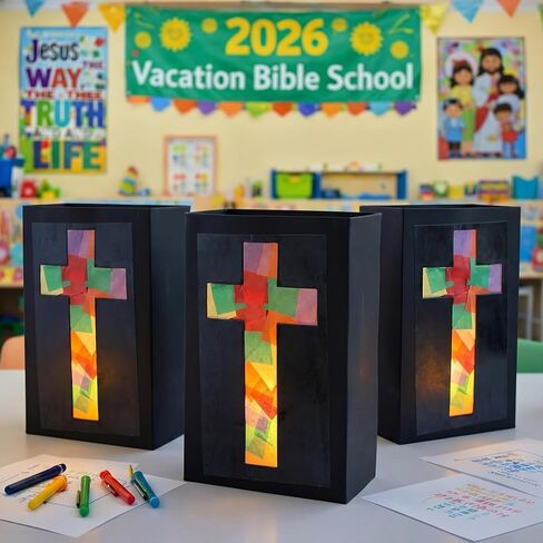 مجموعة Resurhang 16 مجموعة 2026 VBS Cross Lantern Craft Kit DIY موضوع الإضاءة فوانيس ورقية من الزجاج الملون الصناعي مع أضواء شموع LED لعيد الفصح الديني اصنع مجموعة الحرف اليدوية الخاصة بك لعطلة الكنيسة in Kuwait