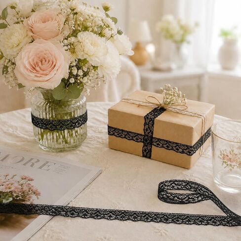 40 Yards Lace Ribbon, 0.6 Inch Black Lace Trim for Sewing, Flower Lace Trim Ribbon Roll for Sewing Gift Wrapping DIY Crafts Wedding Decoration Flower Bouquet in Kuwait