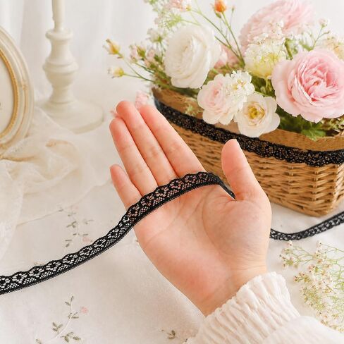 40 Yards Lace Ribbon, 0.6 Inch Black Lace Trim for Sewing, Flower Lace Trim Ribbon Roll for Sewing Gift Wrapping DIY Crafts Wedding Decoration Flower Bouquet in Kuwait