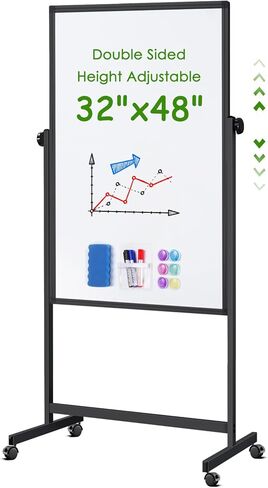 Rolling Whiteboard on Wheels, 32x48 Inches Double-Sided Magnetic Dry Erase Board with Stand, Height Adjustable Mobile White Board Easel for Classroom Home Office in Saudi Arabia