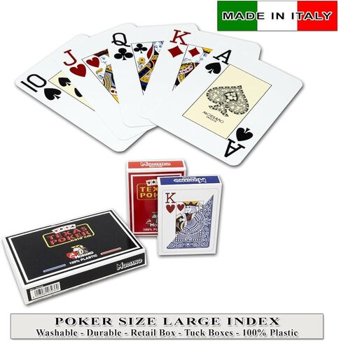Modiano Texas Hold'em Poker Playing Cards, 100% Plastic, Jumbo (Large) Index, Blue & Red, 2-Deck Set, Made in Italy in Saudi Arabia