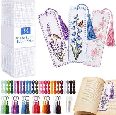 Fuyoooo 30 Sets Cross Stitch Bookmark Kit for Beginner with Blank Cross Stitch Bookmarks Thread Needles Tassels 14 Count Cotton Fabric Book Marker Kit for DIY Craft Starter Adults Book Lovers in Kuwait