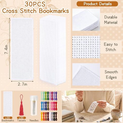 Fuyoooo 30 Sets Cross Stitch Bookmark Kit for Beginner with Blank Cross Stitch Bookmarks Thread Needles Tassels 14 Count Cotton Fabric Book Marker Kit for DIY Craft Starter Adults Book Lovers in Kuwait