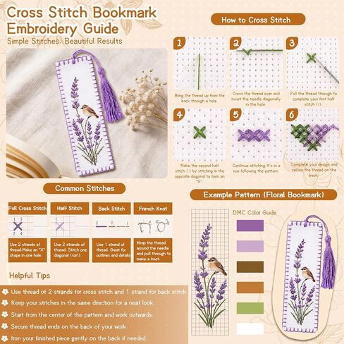 Fuyoooo 30 Sets Cross Stitch Bookmark Kit for Beginner with Blank Cross Stitch Bookmarks Thread Needles Tassels 14 Count Cotton Fabric Book Marker Kit for DIY Craft Starter Adults Book Lovers in Kuwait