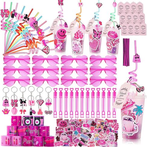 134Pcs Pink Girls Party Favors Pack for Kids 8-12, Princess Theme Birthday Party Decoration Supplies with Heart Glasses Straws Bubble Wands Stickers Bracelets Keychains, DIY Gift Cups for 12Guests in Kuwait