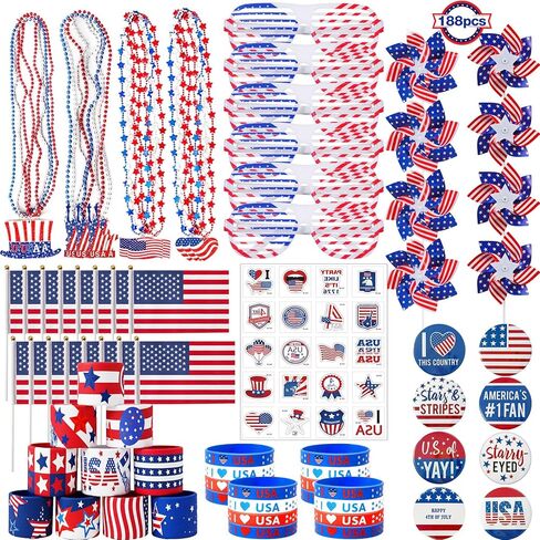 4th of July Party Favors, 188Pcs Bulk Patriotic Party Favors Supplies Set, Independence Day Decorations for Kids & Adult Celebrations, Party, Classroom Prizes & American Themed Decorations in Saudi Arabia