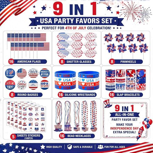 4th of July Party Favors, 188Pcs Bulk Patriotic Party Favors Supplies Set, Independence Day Decorations for Kids & Adult Celebrations, Party, Classroom Prizes & American Themed Decorations in Saudi Arabia