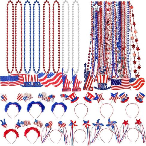 48PCS 4th of July Party Favors, Bulk Patriotic Headbands and Beaded Necklaces Set, Independence Day Supplies for Parade, Celebration Decor, Red White & Blue Party Accessories USA Celebration Decor in Saudi Arabia