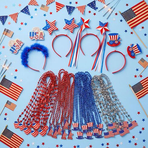 48PCS 4th of July Party Favors, Bulk Patriotic Headbands and Beaded Necklaces Set, Independence Day Supplies for Parade, Celebration Decor, Red White & Blue Party Accessories USA Celebration Decor in Saudi Arabia