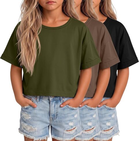 3 Pack Girl's Crop Tops Basic Short Sleeve T-Shirts Summer Oversized Crewneck Shirt Casual Loose Rolled Sleeve Tee in Saudi Arabia