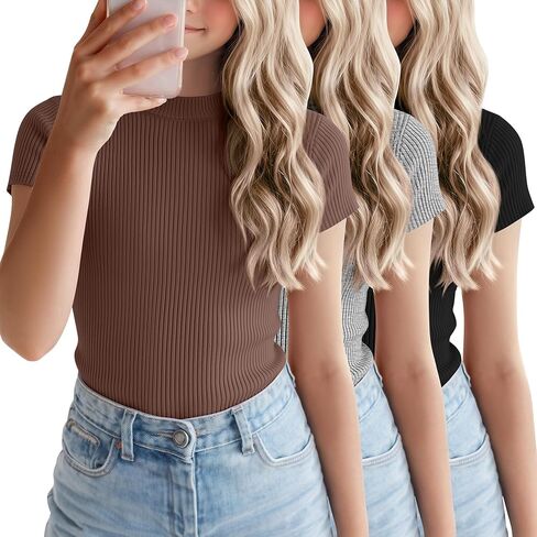 3 Pack Girls Summer Sun Mock Neck T-Shirts Kids Short Sleeve Breathable Shirts Ribbed Knit Slim Fit Outdoor Tops in Saudi Arabia