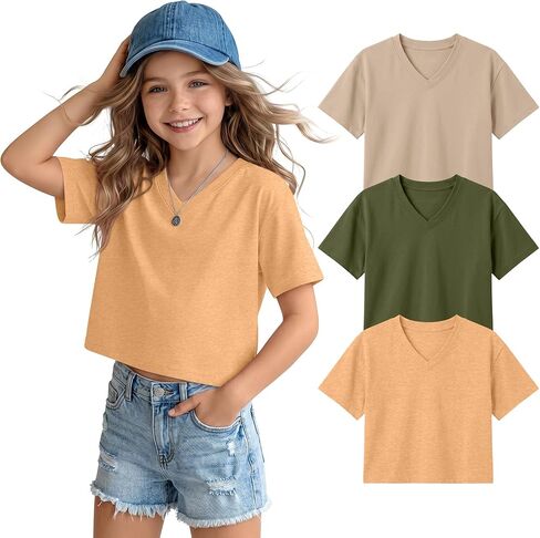 3 Pack Girls Short Sleeve Crop Tops V Neck Cute Cropped T Shirts Summer Casual Tops Basic Tees Size 5-14 Years in Saudi Arabia